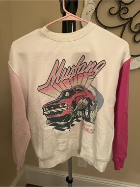 Ford White Sweatshirt with Pink Mustang Graphic and Two-Tone Pink Sleeves
